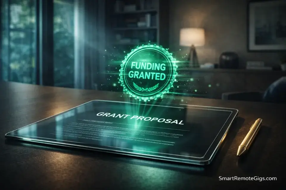 A holographic digital seal showing "Funding Granted" on a grant writer's tablet.