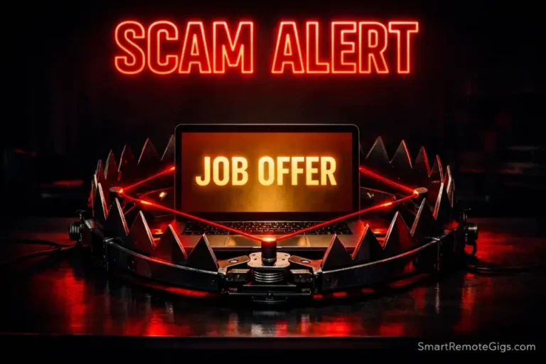 A visual metaphor of a remote job scam: a tempting offer on a laptop screen sitting inside a dangerous trap.