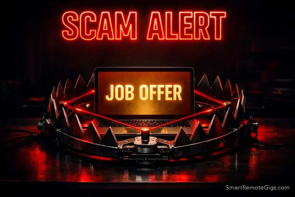 A visual metaphor of a remote job scam: a tempting offer on a laptop screen sitting inside a dangerous trap.