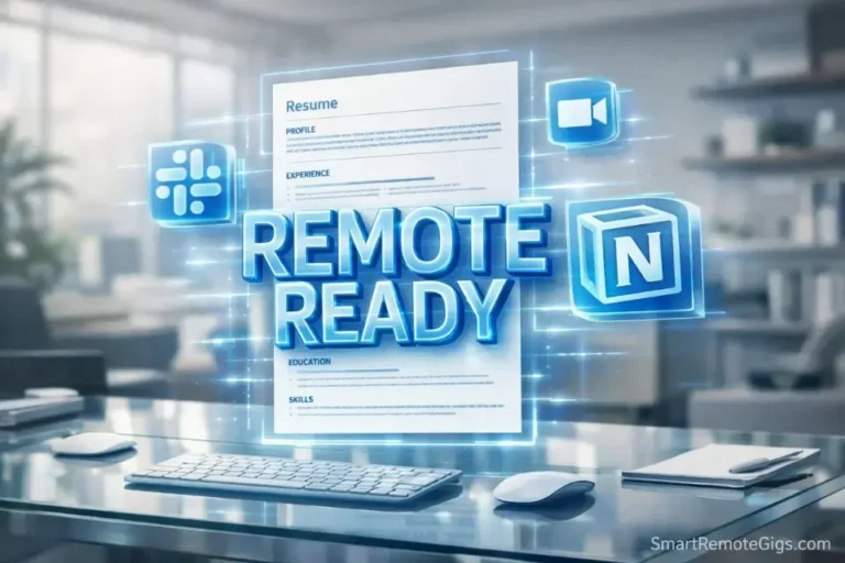 A futuristic visualization of a remote-ready resume being upgraded with digital skill icons.