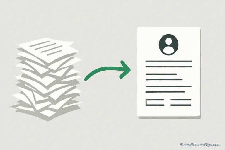A conceptual image showing messy papers being transformed into a clean, professional remote resume, symbolizing the article's purpose.