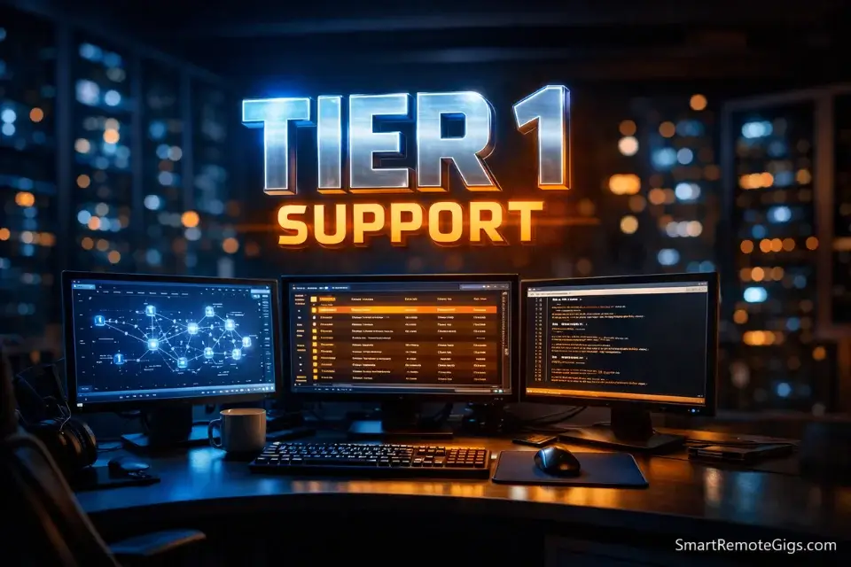 A professional multi-monitor remote tech support setup, visualizing the Tier 1 role as a high-tech career launchpad.