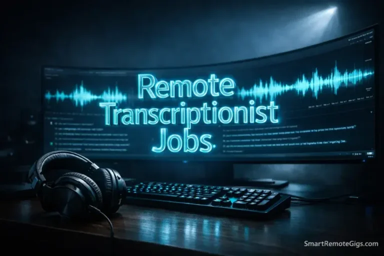 A professional remote transcription setup featuring studio headphones and audio waveform software.