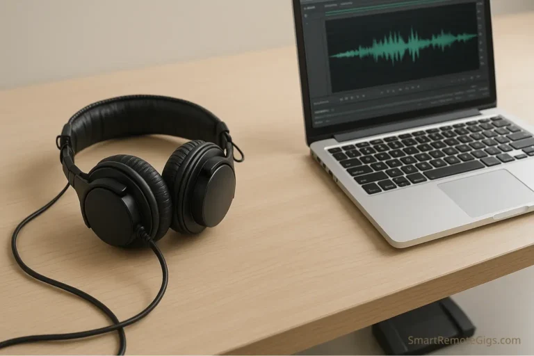 A professional remote transcriptionist jobs workspace, showing high-quality headphones resting next to a laptop displaying audio waveform software, with a foot pedal visible on the floor.