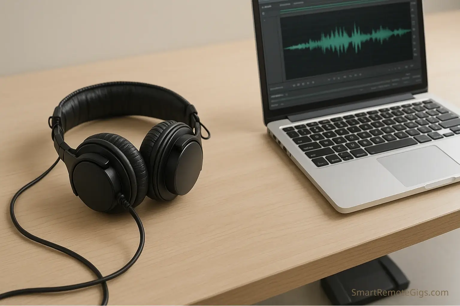 A professional remote transcriptionist jobs workspace, showing high-quality headphones resting next to a laptop displaying audio waveform software, with a foot pedal visible on the floor.