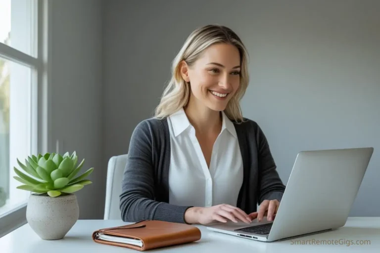 A professional remote virtual assistant working efficiently on a laptop in a bright, modern, and organized home office.