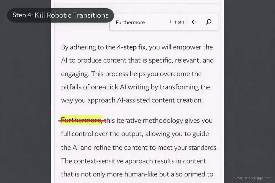 Screenshot demonstrating how to find and delete robotic AI transition words like 'Furthermore' during the humanizing edit.