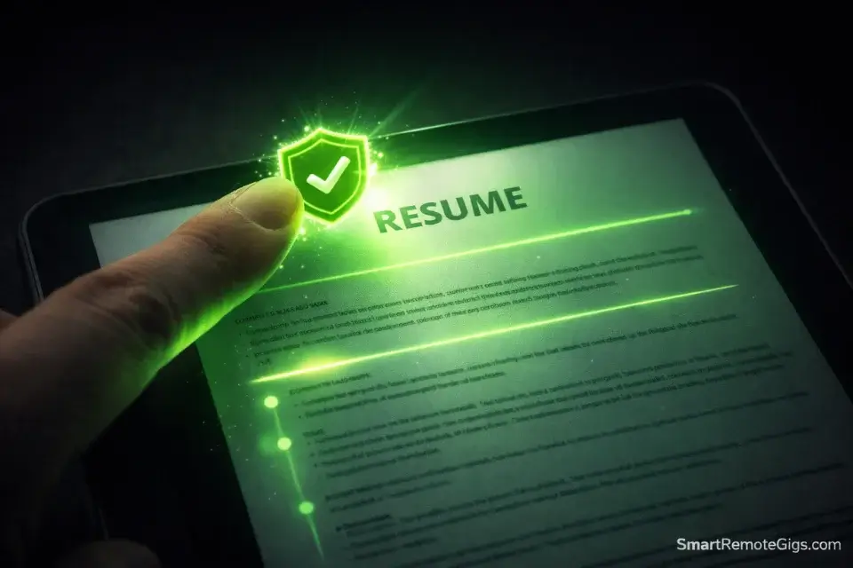 A visualization of a user placing a digital certification badge at the top of their resume for maximum impact.