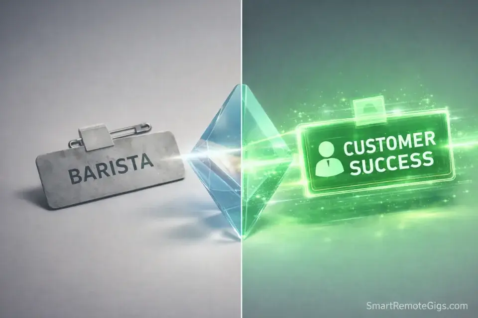 A visual metaphor showing a job title being translated from 'Barista' to 'Customer Success' through a prism.