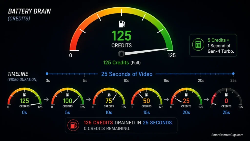Infographic showing the burn rate of Runway's 125 free credits at 5 credits per second using the Gen-4 Turbo model.