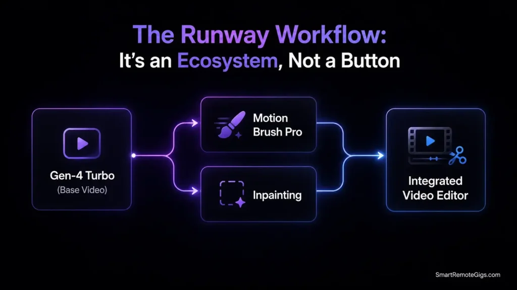 Infographic showing Runway's full AI creative suite pipeline, from Gen-4 video generation to Motion Brush to Timeline Editing.