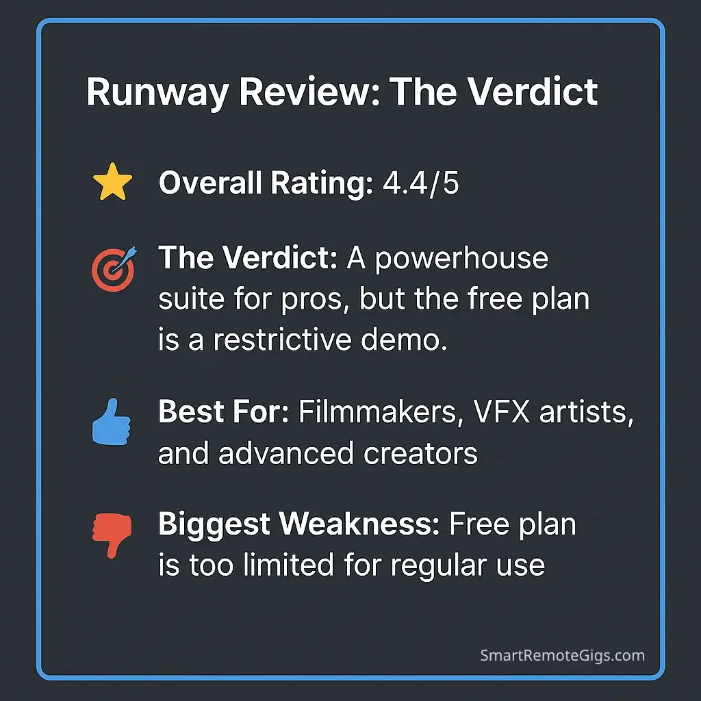 A summary box graphic showing the overall verdict for the Runway review, with a rating of 4.4 out of 5 stars, highlighting its strengths in creative control and weaknesses in its limited free plan.