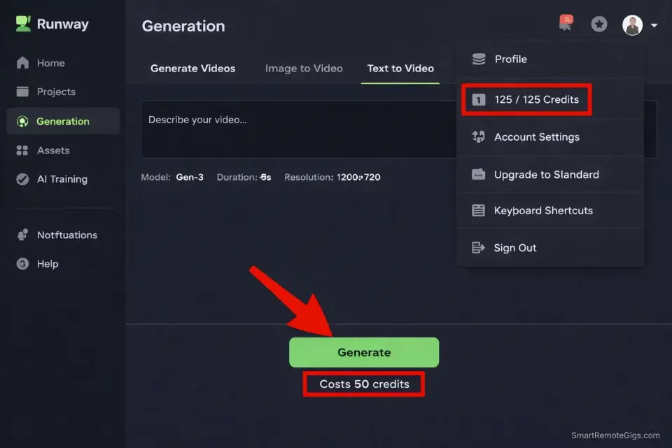 Screenshot of the Runway dashboard showing the 125 total credit limit for free accounts.
