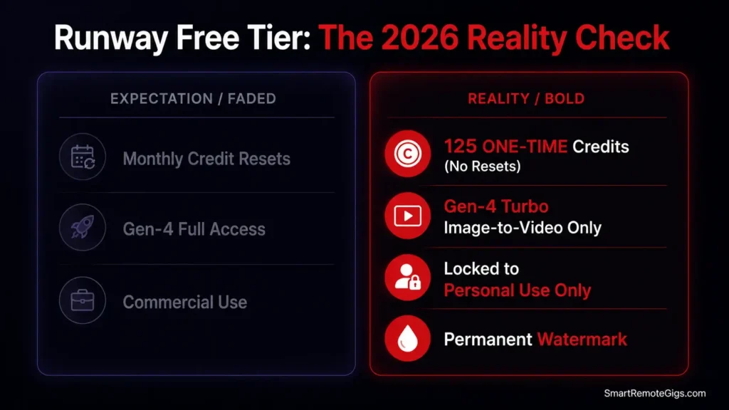 Data visualization contrasting the perception of a free tier with the reality of Runway's 125 one-time non-renewing credits.