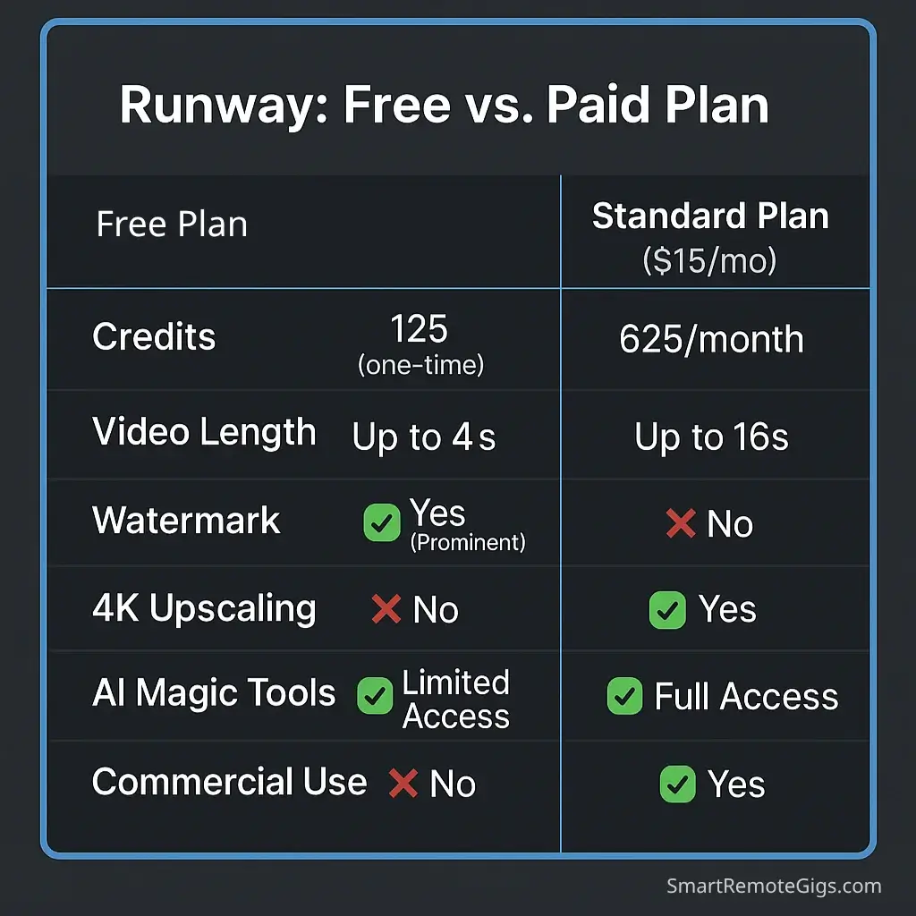 A comparison table graphic detailing the features of Runway's free vs. paid plans, showing differences in credits, video length, watermarks, and 4K upscaling.