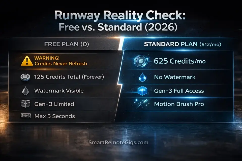 Comparison chart showing the differences between Runway's Free plan limits and the $12 Standard plan.