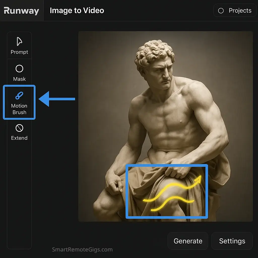 A screenshot of the RunwayML user interface demonstrating the Motion Brush tool being used to paint motion onto a static image of a waterfall.