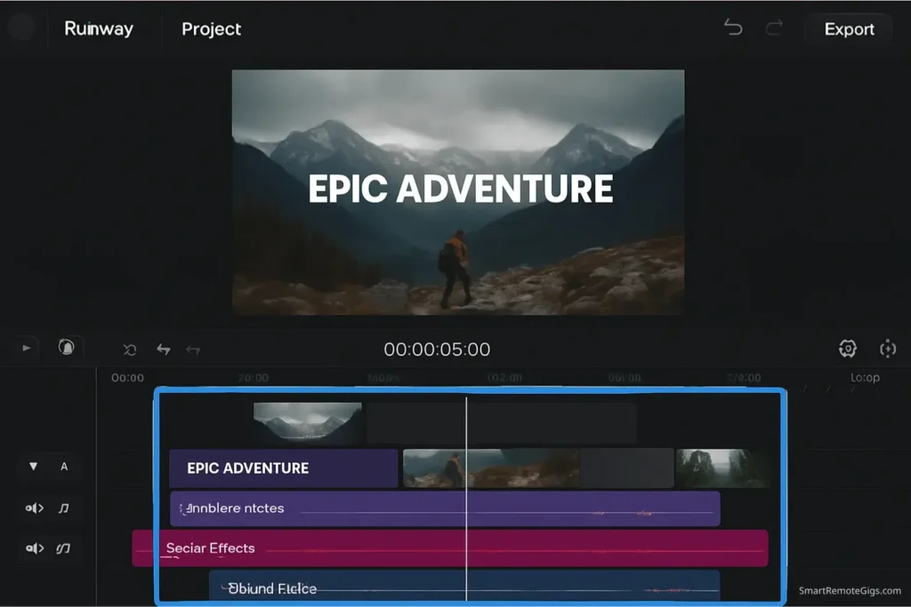 A screenshot of the RunwayML video editor, showing a professional multi-track timeline with video clips, audio tracks, and text overlays.