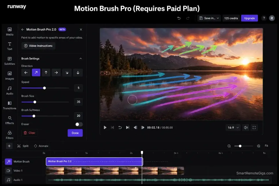 Screenshot of Runway's Motion Brush Pro interface showing painted motion vectors on a landscape image.
