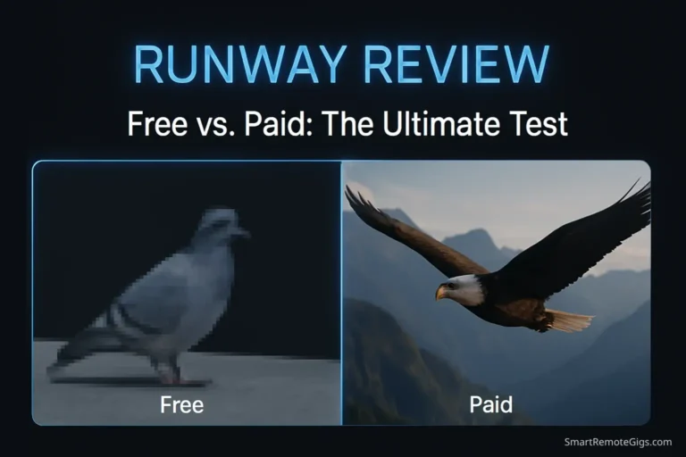 A split-screen graphic comparing the Runway free vs. paid plans, with a simple clip on the left and a cinematic 4K clip on the right, under the title "Runway Review."