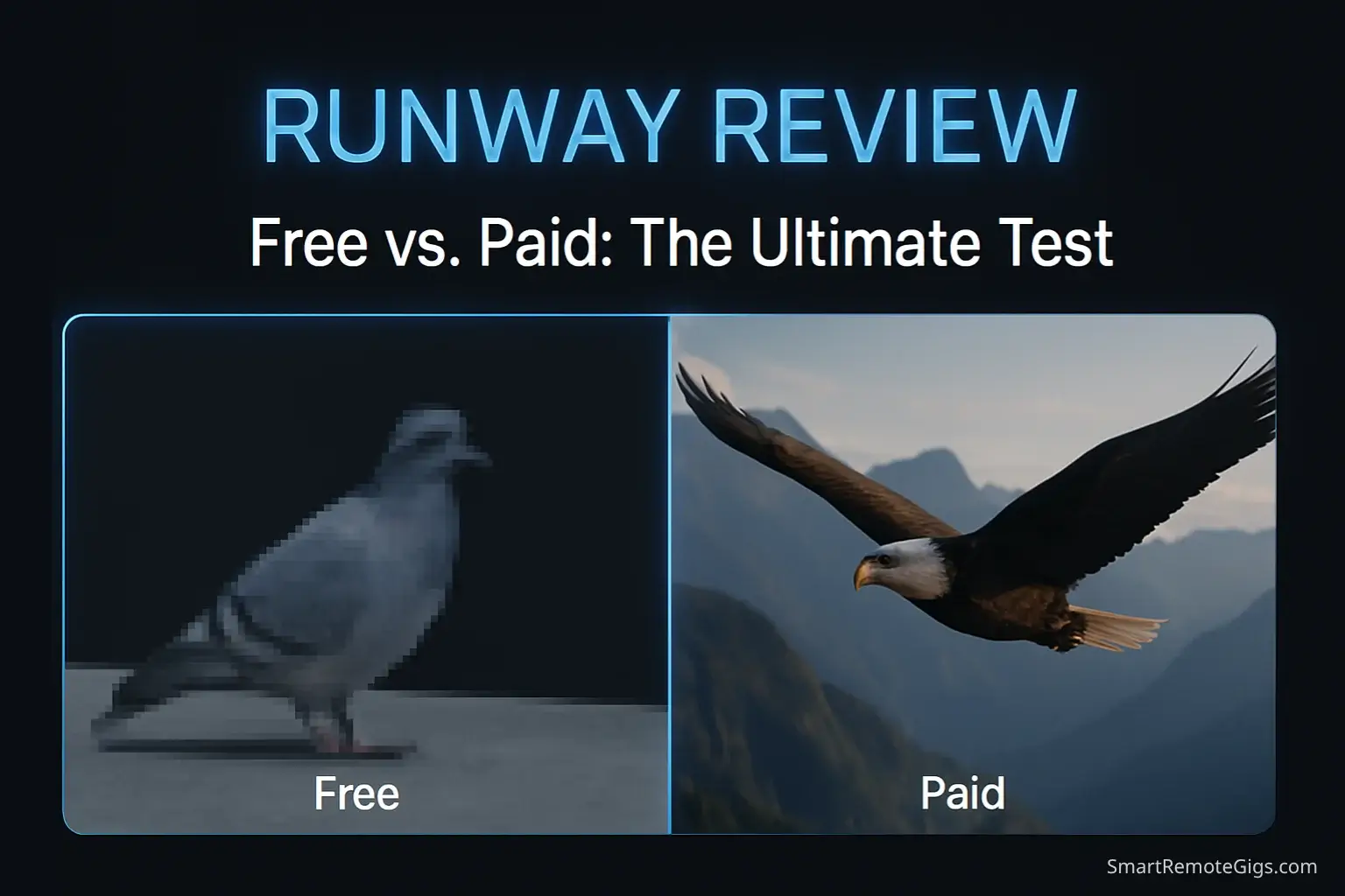 A split-screen graphic comparing the Runway free vs. paid plans, with a simple clip on the left and a cinematic 4K clip on the right, under the title "Runway Review."
