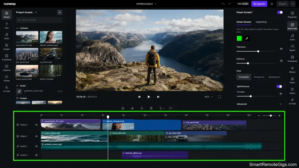 Screenshot of Runway's full timeline video editor and inpainting object removal tool in action.