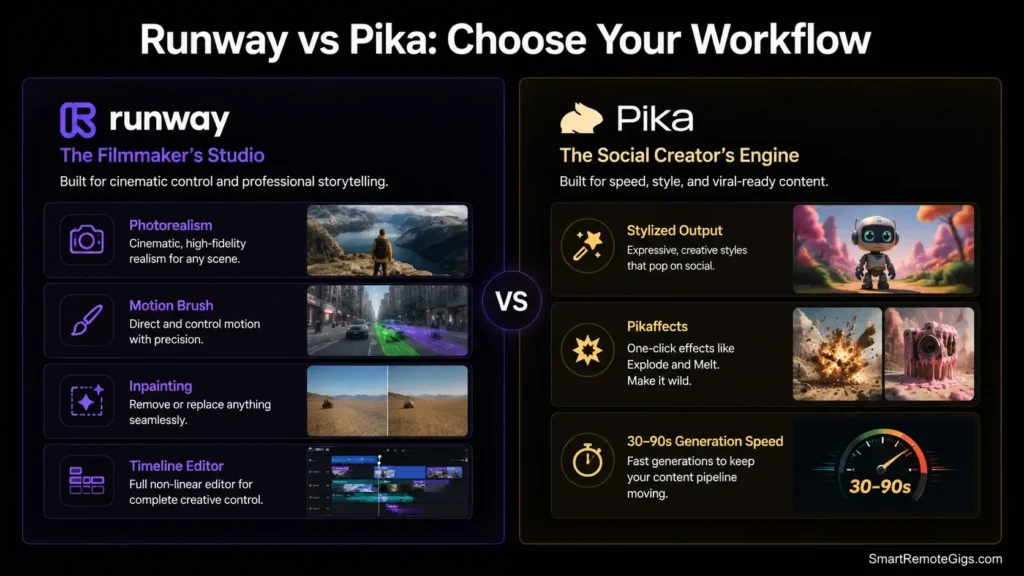 A side-by-side comparison table of Runway ML vs Pika Labs highlighting professional VFX controls versus creative speed and social media effects.