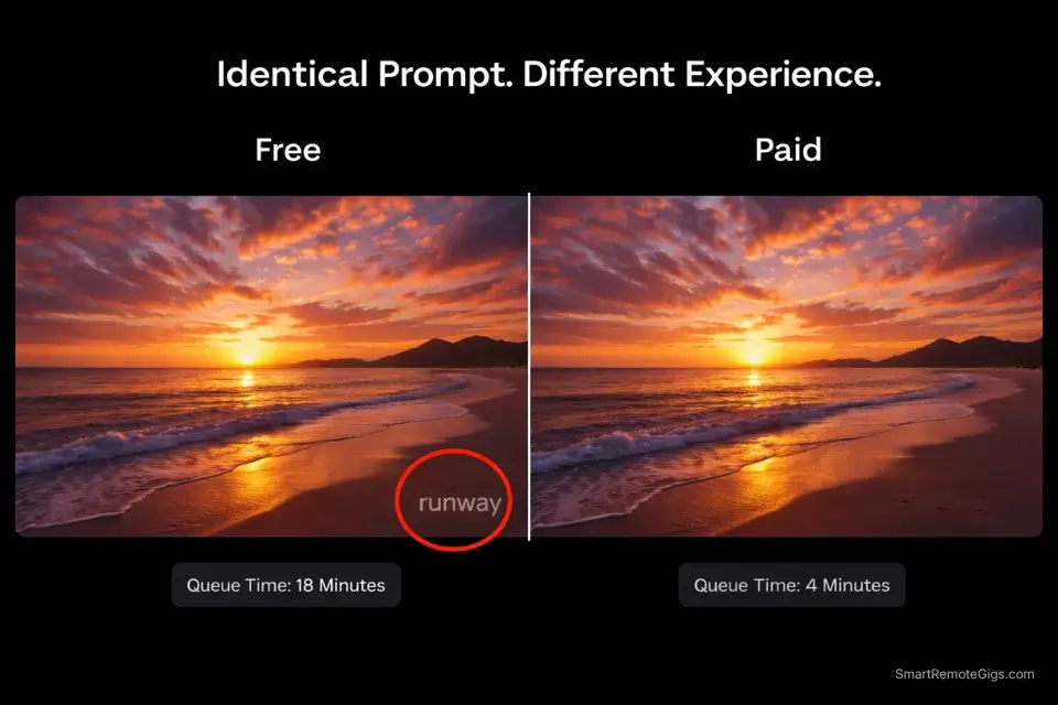 Side-by-side comparison of a Runway free tier generated video with a watermark versus a clean standard plan video.