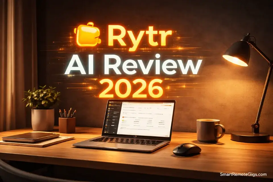 Cinematic 3D visualization of a minimalist workspace displaying the Rytr AI Review 2026.