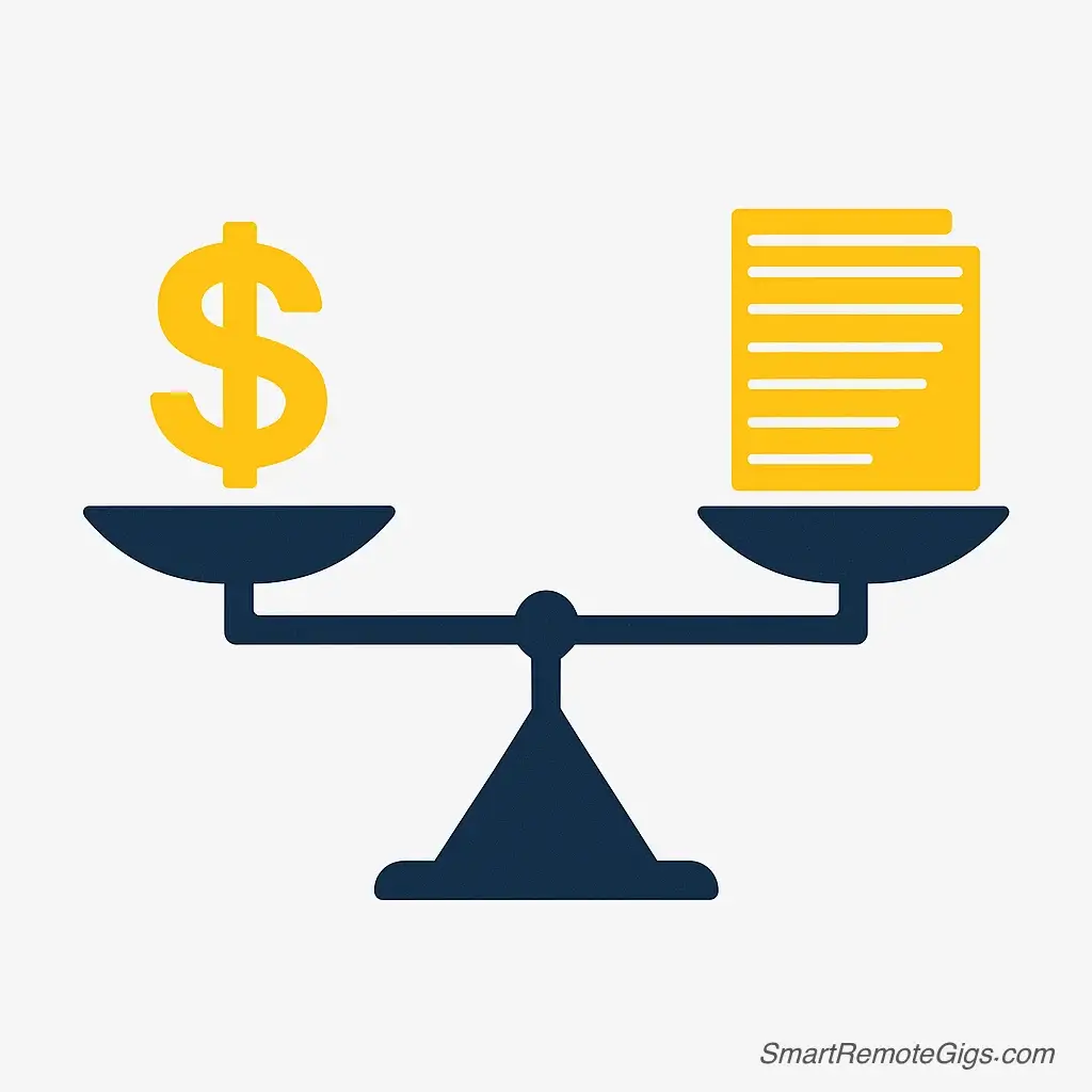 An illustration of a balancing scale, with a single dollar sign on one side perfectly balancing a large stack of written documents on the other.