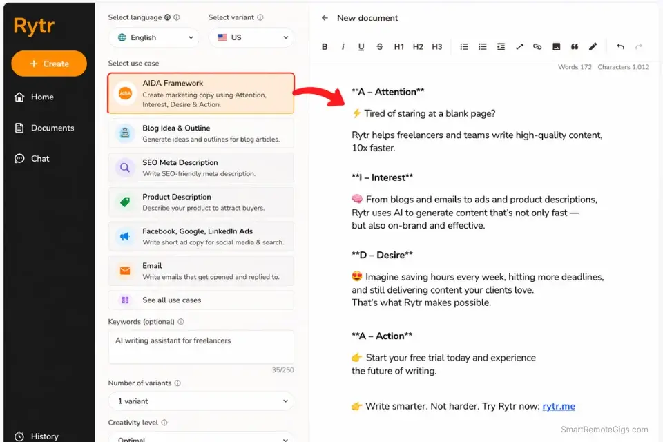Screenshot of Rytr generating an AIDA copywriting framework output for short-form marketing.
