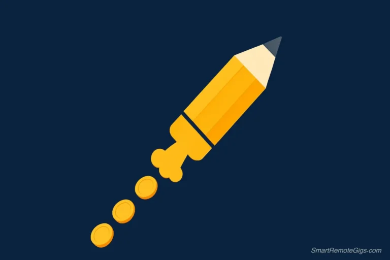 A simple, clean illustration of a rocket ship made from a pencil, taking off and leaving a trail of coins, symbolizing Rytr's speed and affordability.