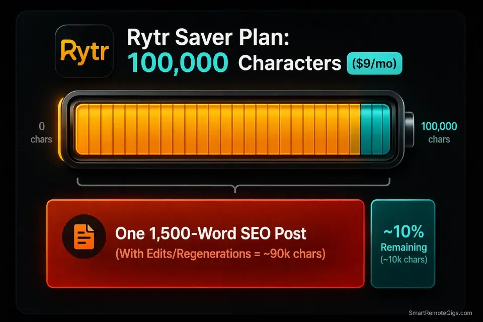 Infographic showing how quickly one long-form blog post drains Rytr's 100,000-character monthly limit on the Saver plan.