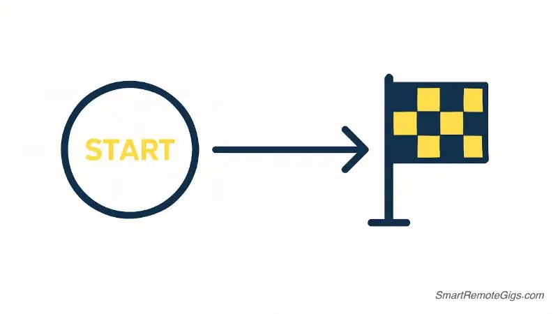 A simple illustration of a "Start" button and a "Finish" flag connected by a single, straight line, symbolizing Rytr's easy-to-use interface.
