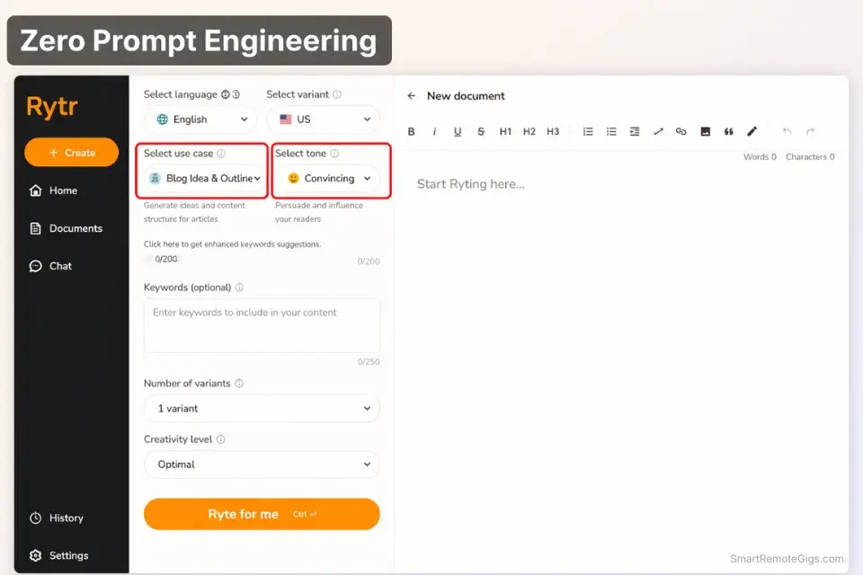 Screenshot of Rytr's minimalist interface highlighting the tone and use case dropdown menus.