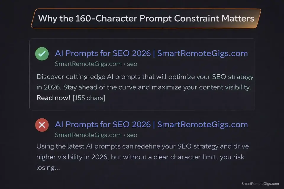 Infographic showing the difference in Google SERPs between perfectly sized meta descriptions and truncated metadata.