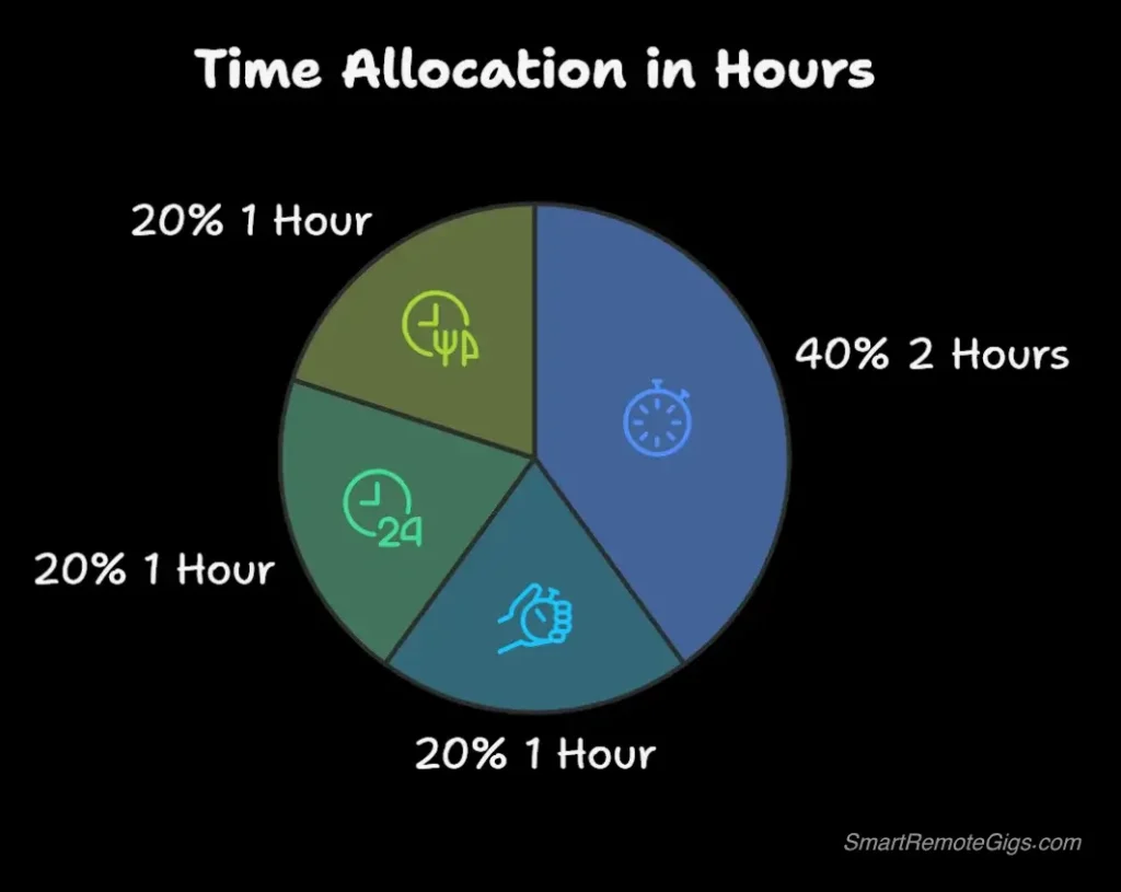 A donut chart illustrating the 5-Hour Rule for side hustles, showing time allocated to: 2 hours for client work, 1 hour for marketing, 1 hour for admin, and 1 hour for learning.