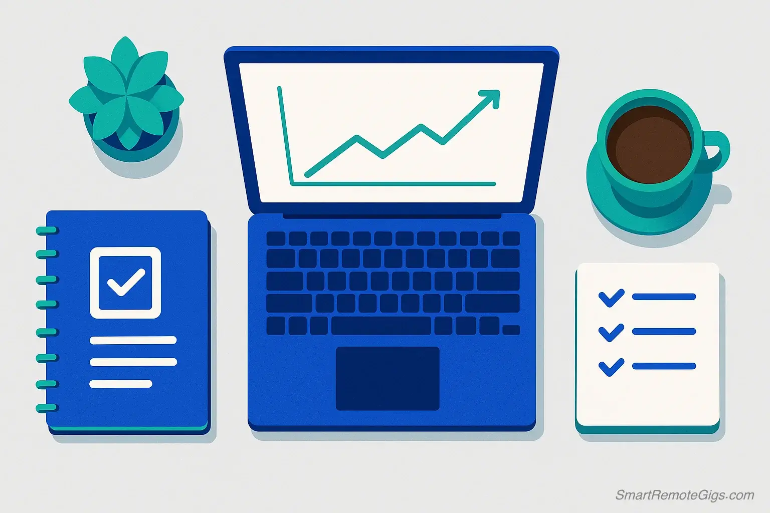 A clean and organized desk workspace with a laptop, a notebook with a checklist, a cup of coffee, and a small plant, representing a well-planned side hustle.