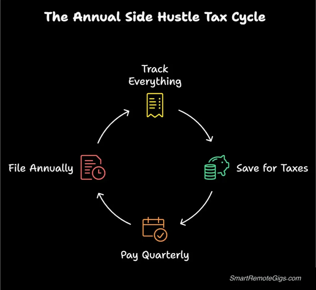 An infographic showing the four-phase cycle of managing side hustle taxes: 1. Track Everything, 2. Save for Taxes, 3. Pay Quarterly, and 4. File Annually.