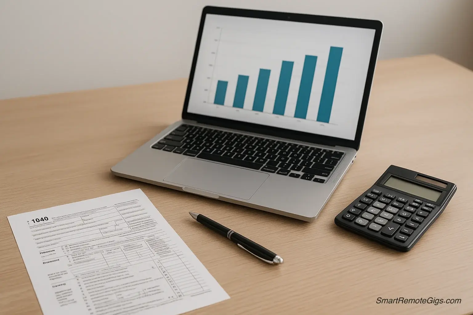 An organized desk with a calculator, a laptop displaying a simple financial chart, a pen, and a tax form like a Schedule C, representing preparation for side hustle taxes.