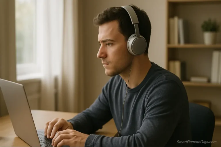 A person wearing headphones, deeply focused on their work at a clean and organized desk with a cup of tea and a notebook, illuminated by soft, natural light.