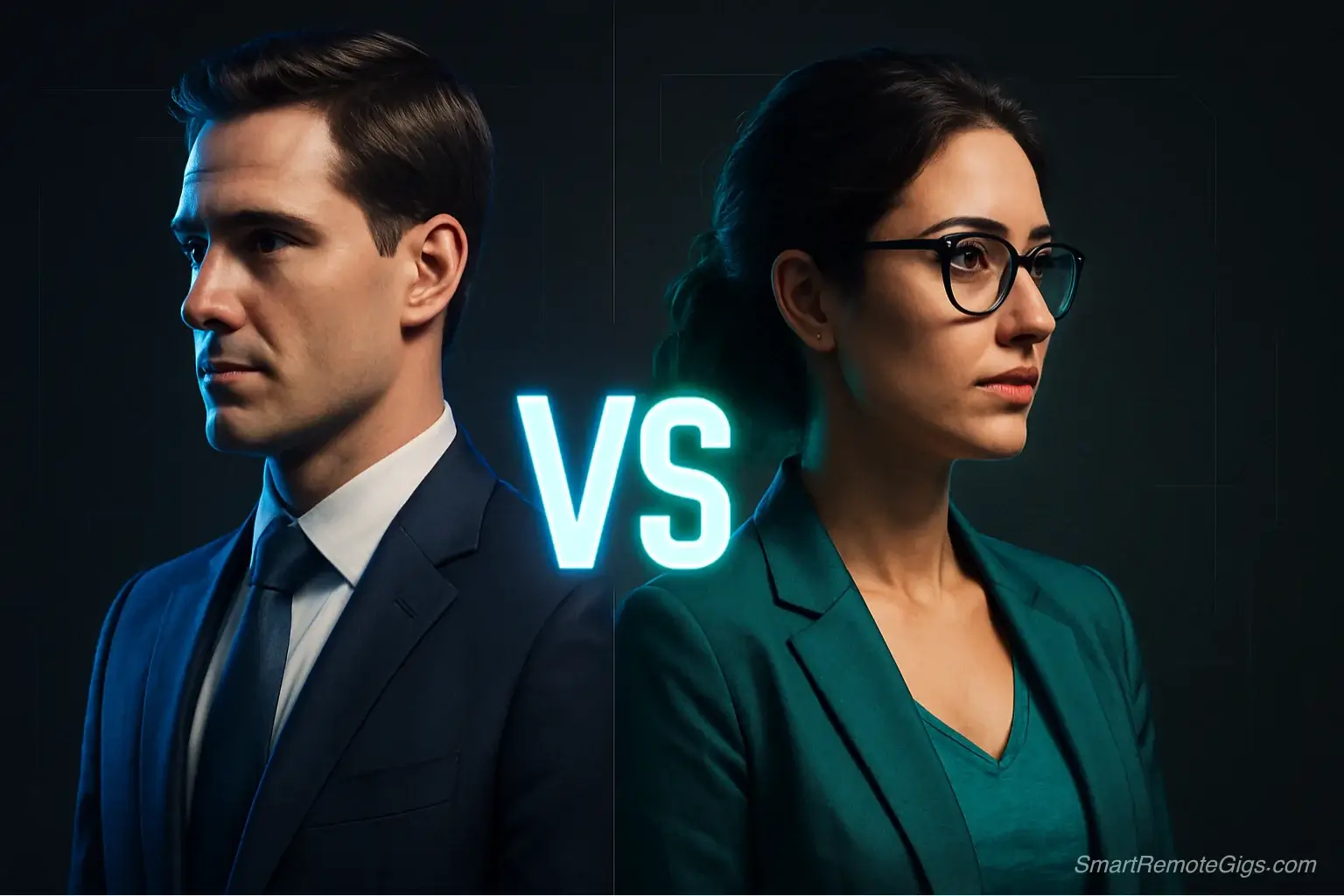 A hero image for a showdown article comparing Synthesia vs HeyGen, showing a professional AI avatar from each platform back-to-back with a "VS" logo between them.