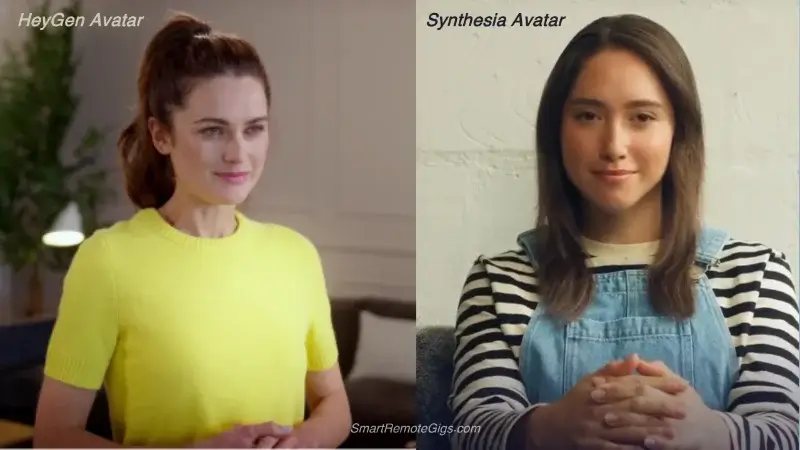 A side-by-side image comparing the avatar quality of Synthesia and HeyGen, showing a professional female avatar from each platform to highlight differences in realism and style.