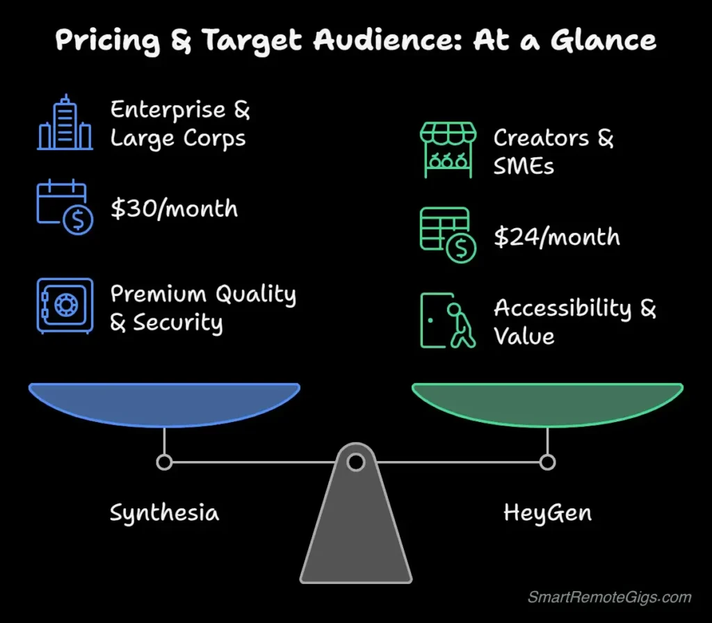 A graphic comparing the pricing and target audience for Synthesia and HeyGen, showing HeyGen's lower entry point for creators and Synthesia's premium tiers for enterprise.