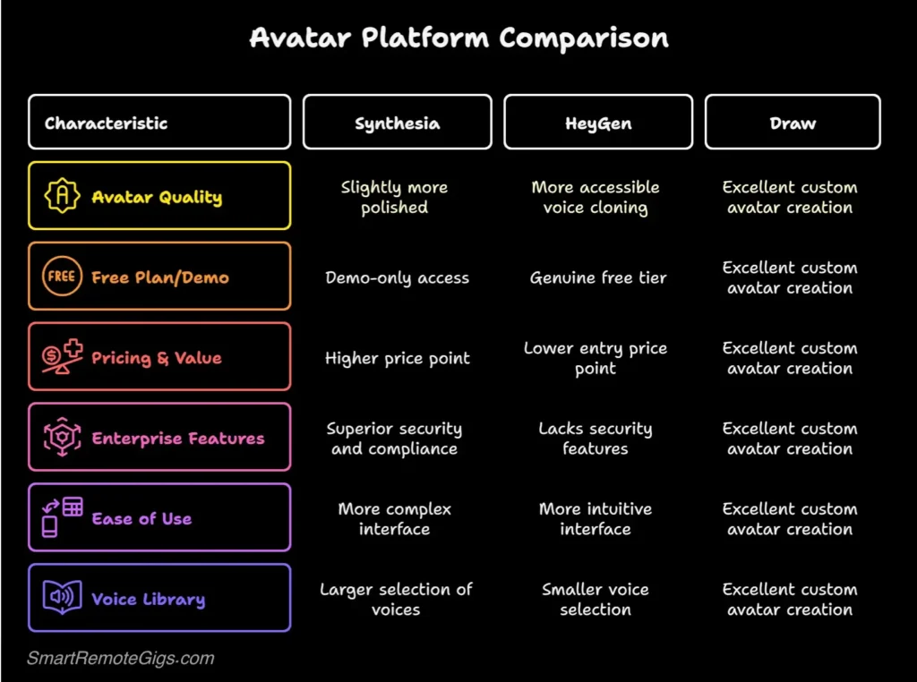 A summary table graphic showing the verdict of the Synthesia vs. HeyGen showdown, with Synthesia winning on avatar quality and enterprise features, and HeyGen winning on ease of use and value.