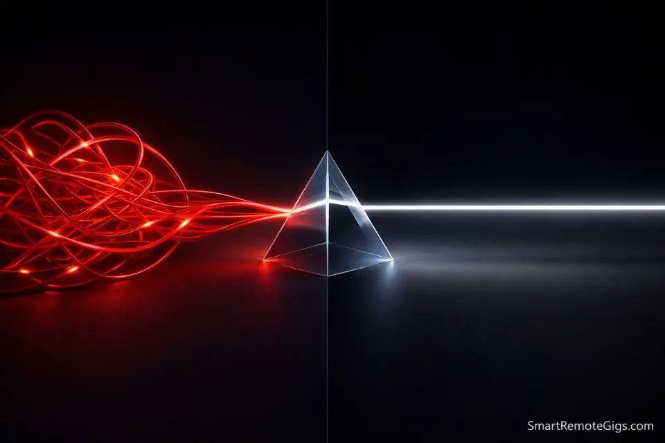 Abstract visualization of a tech support agent translating complex technical chaos into simple, clear solutions.