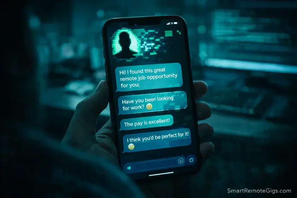 A smartphone displaying a suspicious chat interview on Telegram, representing a common remote job scam.
