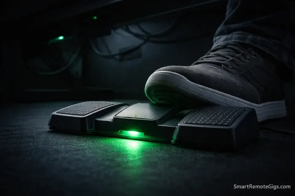 A USB foot pedal used by professional transcriptionists to control audio playback hands-free.