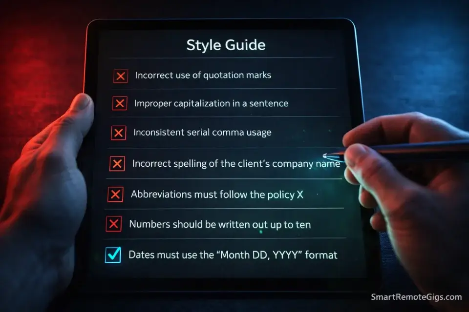 A digital checklist representing the strict formatting rules of transcription platform style guides.