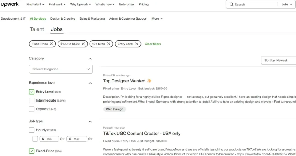 Screenshot of the Upwork job search filters, with recommended settings for beginners highlighted, including fixed-price, entry-level, and payment verified.
